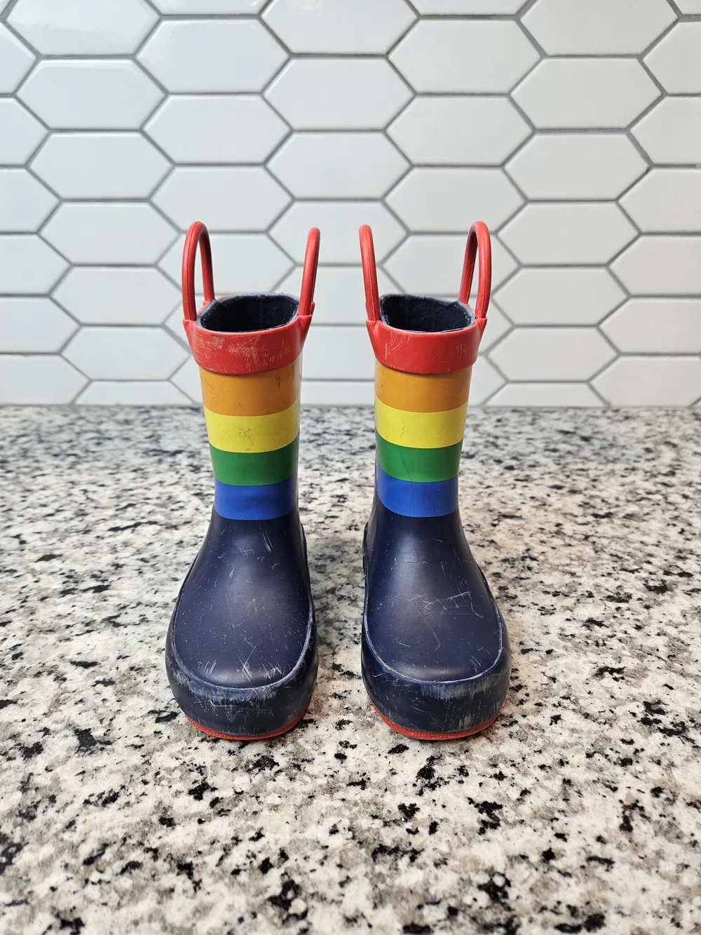 Kids Rainbow Stripe Rain & Snow Boots - Navy with Multicolor Stripes